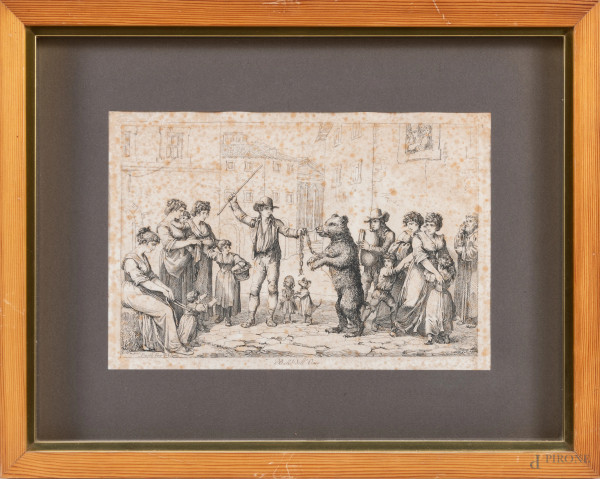 Lotto di tre incisioni da Bartolomeo Pinelli, XIX secolo, cm 34x44 compreso passepartout, entro c...