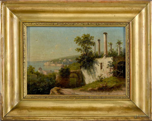 Veduta di Posilipo, olio su tavoletta, cm 17x24, firmato in basso a destra, entro cornice, (lievi cadute di colore)
