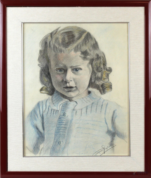 Ritratto di bambina, pastello su carta, cm 47,5x37,5, firmato, entro cornice.