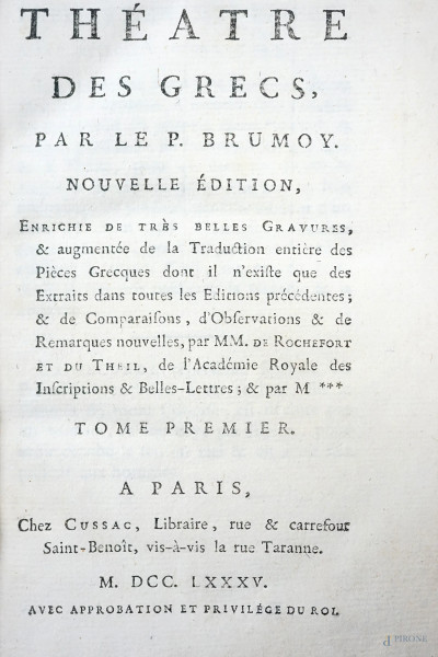 Théatre de Grecs par le P. Brumoy, 4 voll., Parigi 1785 (difetti)