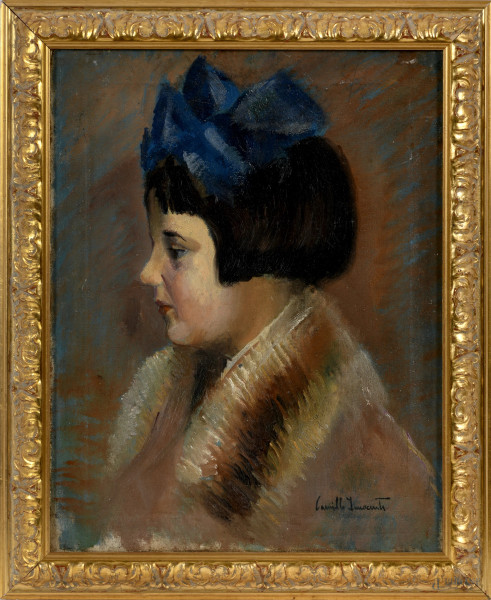 Bambina di profilo con fiocco blu, XX secolo, olio su tela, firmato in basso a destra, cm 42x32,5 entro cornice, (difetti)