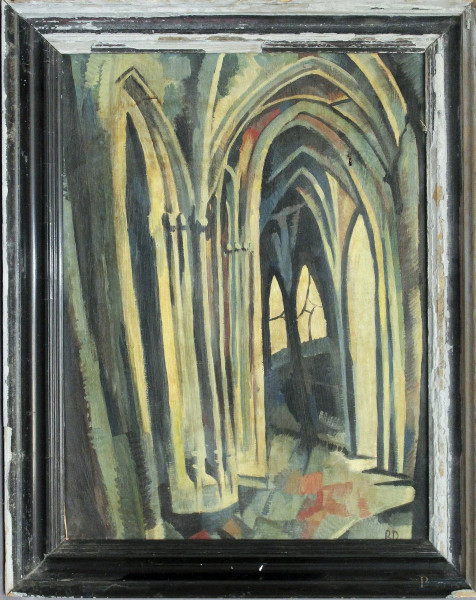 Interno di chiesa, dipinto ad olio su tela, firmato, cm 30 x 40, entro cornice.