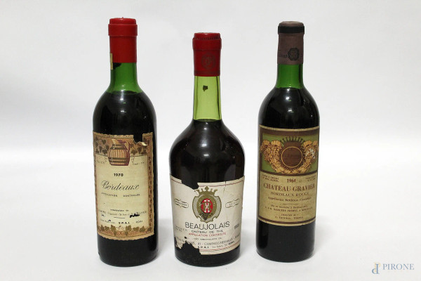 Lotto  di tre vini francesi: Bordeaux 1970, Chateau Gravier 1964, Beaujolais 1966.