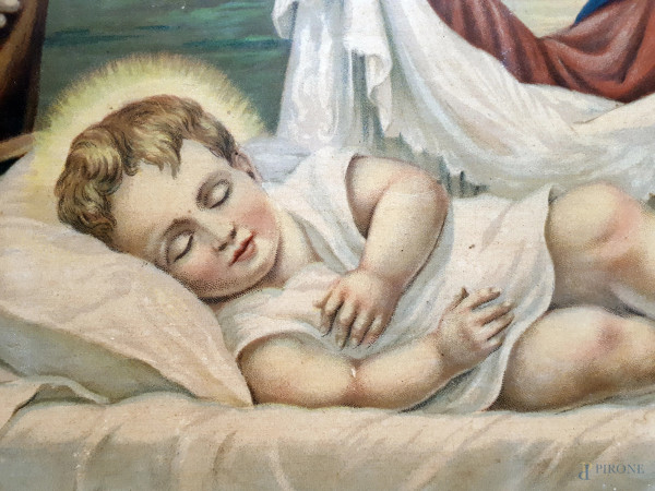 Sacra Famiglia, antica cromolitografia su carta, cm 37x79