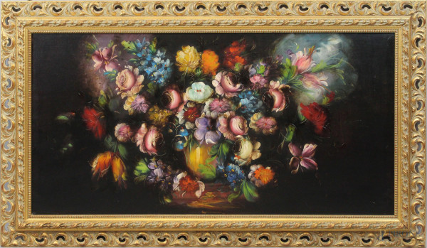 Vaso con fiori, olio su tela, cm 60x120, XX secolo, entro cornice