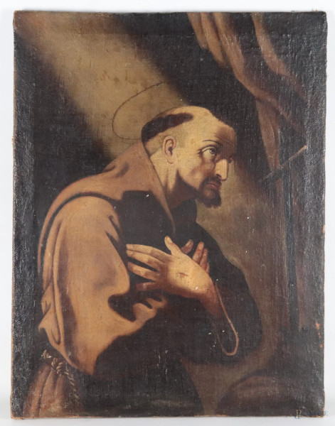 San Francesco, XIX secolo, olio su tela, cm 62x48, (segni di usura, segni di battitura del telaio, piccole cadute di colore, abrasioni, difetti)