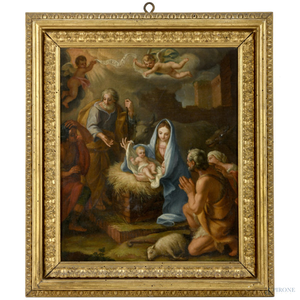 Natività, olio su tela, XVIII secolo, cm 44x37 entro cornice, (difetti)