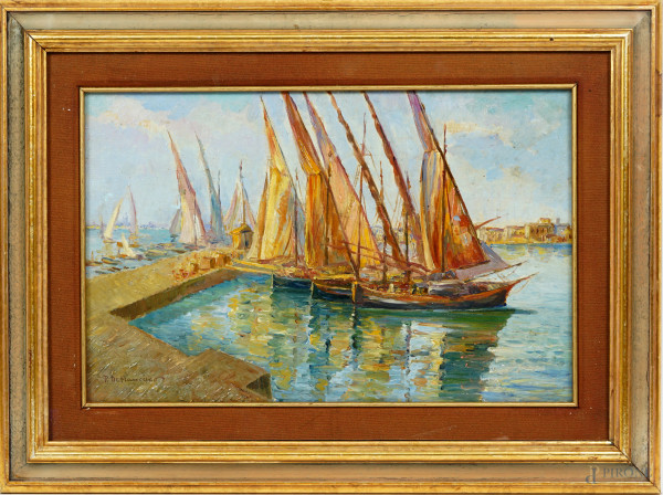 Porto di Catania, olio su tavola, firmato, cm 29,5x46, entro cornice