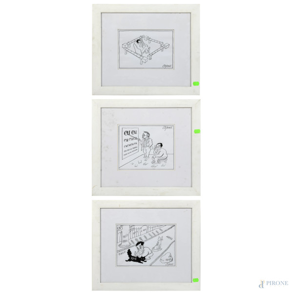 Lotto di tre vignette, XX secolo, inchiostro sun carta, misure massime cm 33x40,5 compreso passepartout, firmate in basso, entro cornice