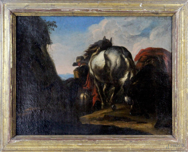 Johann Melchior Roos - (Attribuito), Paesaggio con cavallo e asino, olio su tela, cm 37 x 49, entro cornice antica.