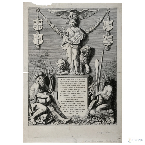 Incisione rappresentante allegoria della città di Amsterdam, XVIII secolo, cm 47x34, (segni di usura, tracce di umidità, gore, foxing, lacerazioni della carta, tracce di piegatura)