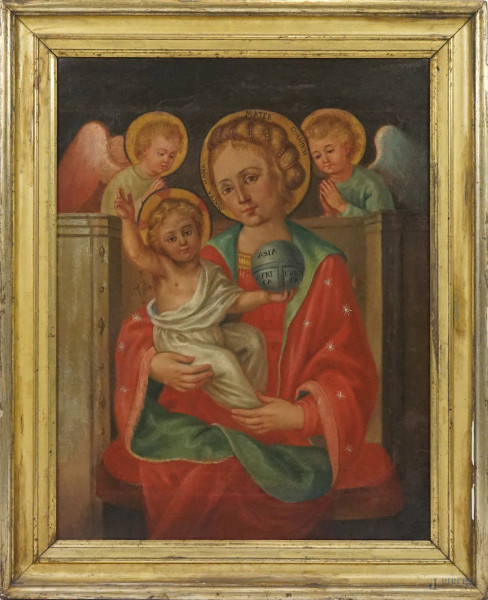 Pittore del XVIII-XIX secolo, Madonna di Zancati, olio su tela, cm 80x62,5, entro cornice, (difetti e restauri)