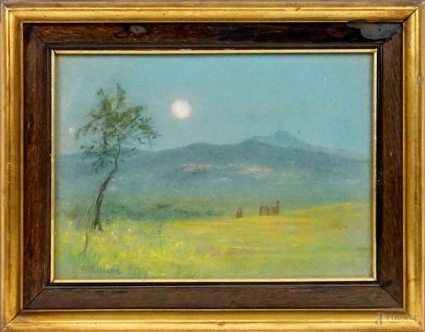 Paesaggio collinare, pastello su carta, cm 28,5x39,5, firmato, entro cornice.