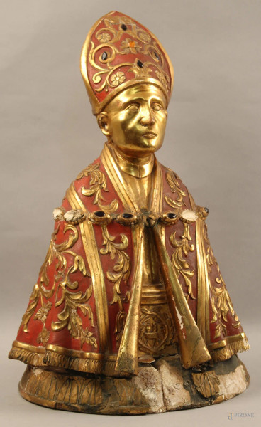 San Gennaro, scultura in legno dipinta e dorata, Napoli XVIII sec., altezza 48 cm, (difetti).