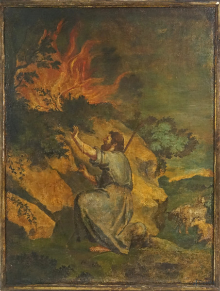 Pittore del XVII secolo, Mosè e il roveto ardente, olio su tela  cm 150x111, entro cornice, (difetti)