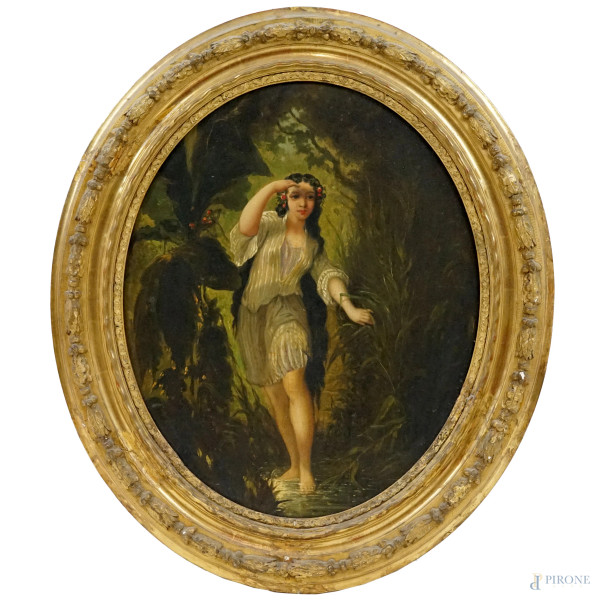 Fanciulla circassa a piedi nudi nel ruscello, olio su tavola, cm 66x52, fine XIX secolo, entro cornice.