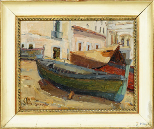 Borgo di mare, olio su compensato, firmato in basso a sinistra, cm 24,5x31, entro cornice.