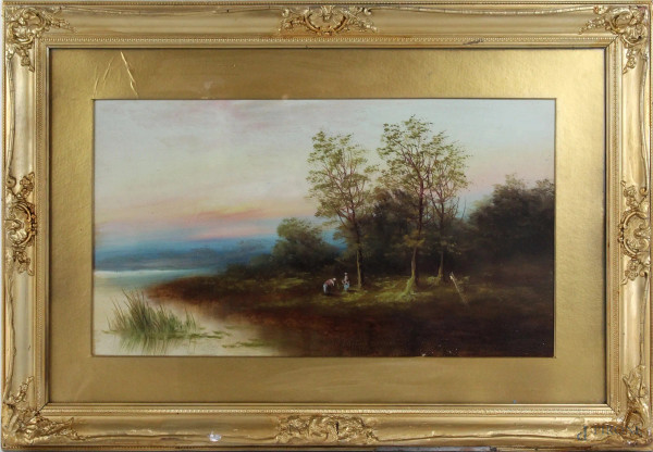 Paesaggio lacustre con figure, olio su cartone, cm.35,5x56, a firma Mark&#242;, entro cornice.