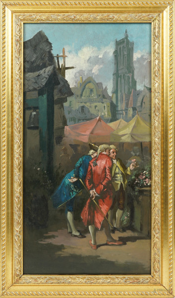 Pittore del XX secolo, Gentiluomini al mercato dei fiori, olio su pannello, cm 48x24, entro cornice