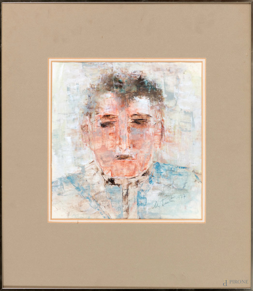 Volto virile, tecnica mista su tela, cm 30,5x29,5, firmato e datato "1977" in basso a destra, entro cornice