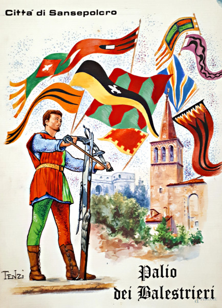 Maestro Tenzi (XX sec.) Studio per cartolina commemorativa per Palio dei Balestrieri, bozzetto originale a tempera su carta, cm 24x18 circa, firmato