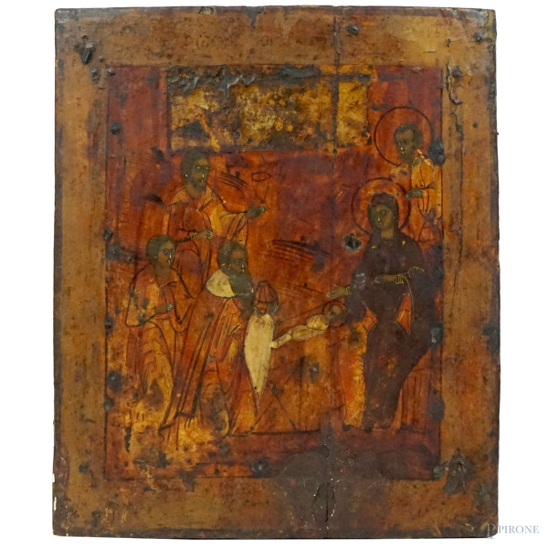 Icona dipinta a tempera su tavola raffigurante la Natività, XIX secolo, cm 32x27