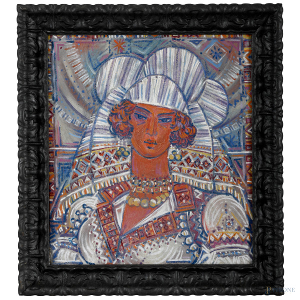 Enrrik Ndoja, Donna in abiti tradizionali, olio su tela, cm 48,5x42,5 entro cornice