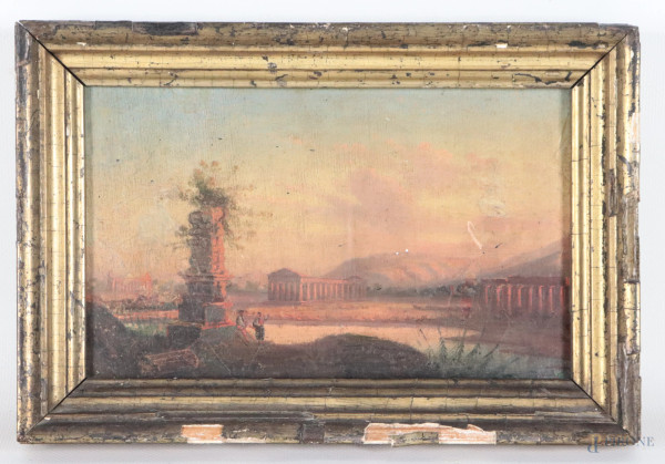 Veduta dei Templi di Paestum con popolani, XIX secolo, olio su carta applicata su compensato, cm 14x23, entro cornice, (segni di usura, craquelure, ondulazioni della carta, cadute di colore, difetti)