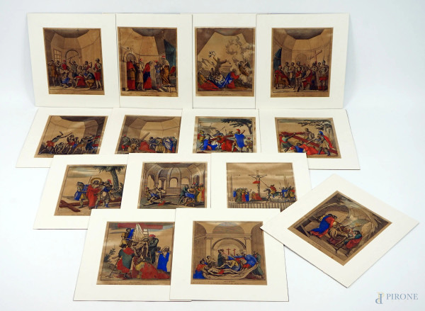 Via Crucis, lotto completo di 14 incisioni colorate del XIX secolo, cm 27,5x22,5, (difetti sulla carta)