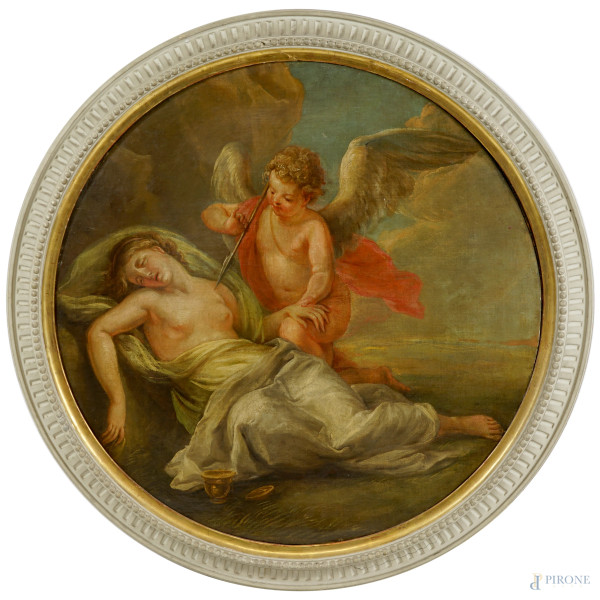 Venere e Cupido, olio su tela in assetto circolare, XVIII secolo, diametro cm 63, entro cornice