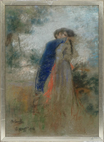 Basilio Cascella - L'abbraccio, pastello su carta, cm 63x45, firmato e datato "12 Maggio 1904" in basso a sinistra