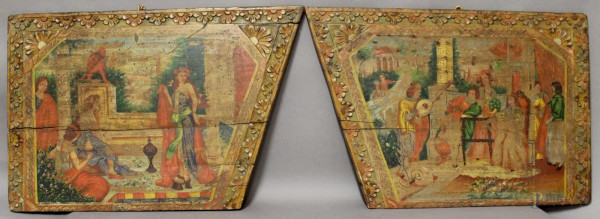 Coppia di pannelli siciliani dipinti raffiguranti scene di corte, XIX sec., cm 43 x 65.