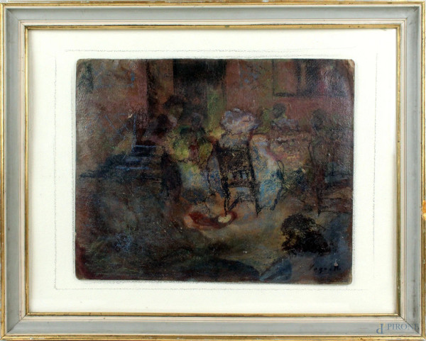 Gianni  Vagnetti - Interno con figure, olio su cartone, cm 28x34, entro cornice
