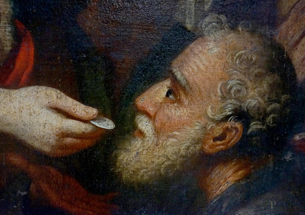 Pittore veneto del XVII secolo, L’Ultima Cena, olio su tela, cm 190x170, (difetti)