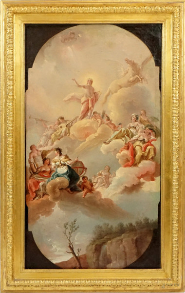 Pittore veneto del XVIII secolo, Apollo e le Muse sul Monte Elicona, olio su tela, cm 98x56, entro cornice.