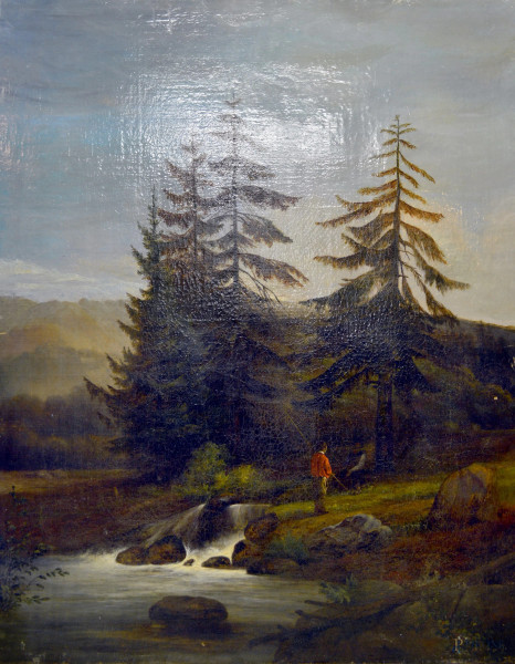 Paesaggio montano con fiume, olio su tela, cm 72x89, entro cornice, XIX sec.