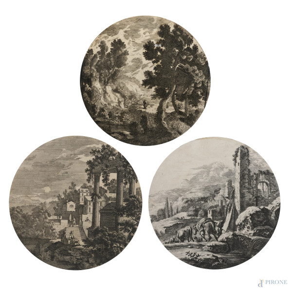 Lotto di tre incisioni raffiguranti paesaggi rifilate a serto circolare, XVIII-XIX secolo, diametro cm 22, (segni di usura, gore, foxing, lacerazioni della carta, tracce di piegatura)
