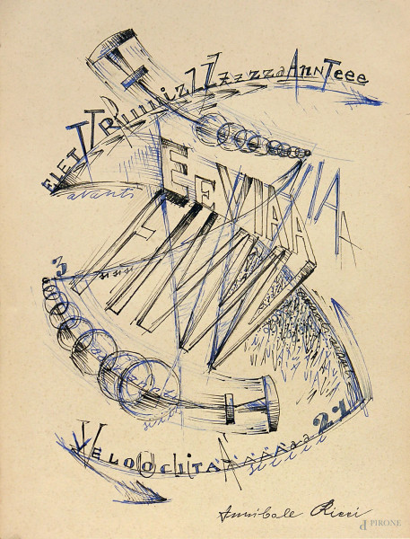 Annibale Ricci (XX sec.) Parole libere, inchiostro su carta, cm 18x23,5, firmato, in cornice