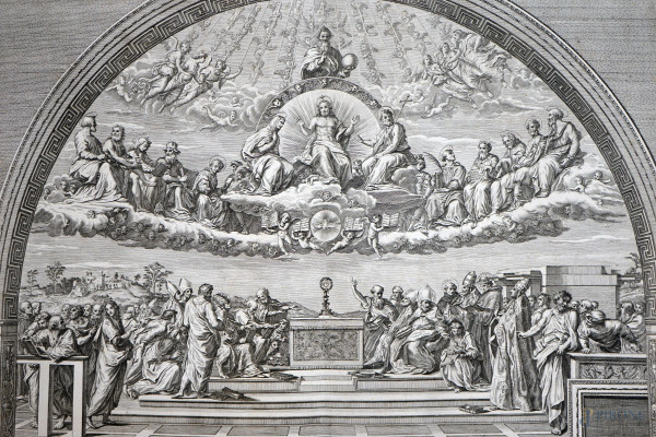 Domenico De Rossi (1659 – 1730), Disputa del Sacramento da Raffello Sanzio, acquaforte, cm 51x71, (difetti alla carta)