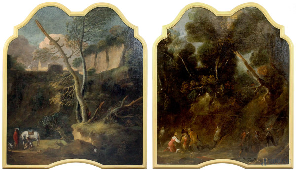 Pittore del XVII secolo, paesaggio con episodio di brigantaggio e paesaggio con cavaliere, giovinetto e cane, olio su tela di forma sagomata, cm 137x118, entro cornici, (difetti)