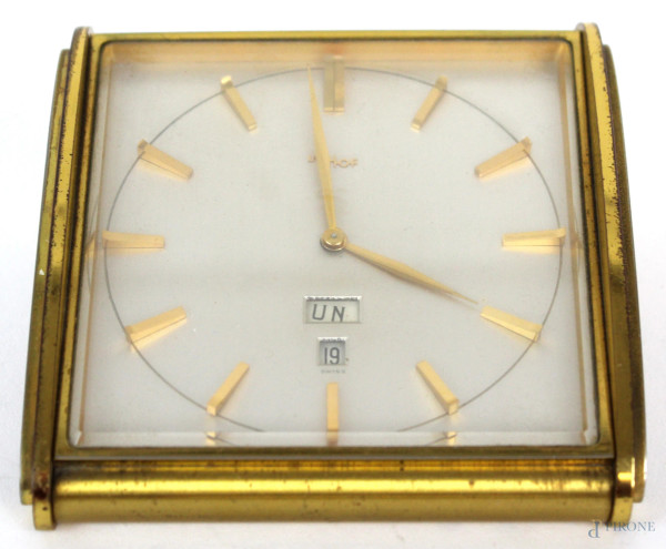 Sveglia da tavolo anni '70 in metallo dorato, cm  h5x11,5x11,5, (da revisionare, segni del tempo)