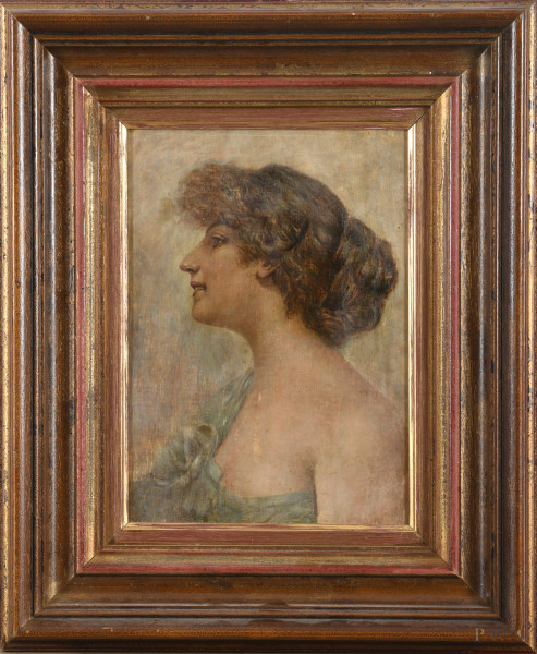 Profilo di ragazza, XX secolo, olio su tavoletta, cm 27x20, entro cornice, (lievi segni di usura)