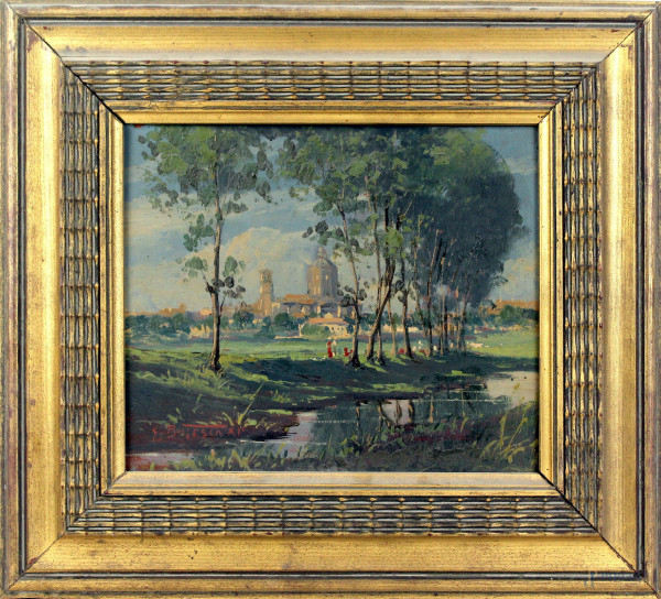 Gino Buresch - Paesaggio con alberi, olio su tavola, firmato e datato, cm 23x28, entro cornice
