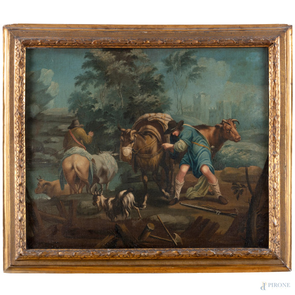 I mandriani, XIX-XX secolo, olio su tela, cm 69,5x83, entro cornice, (lievi segni di usura)