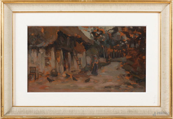 Cortile di casa di Cadola, XX secolo, olio su cartone, cm 26,5x41, firmato in basso a destra, entro cornice, (cartone lievemente imbarcato)
