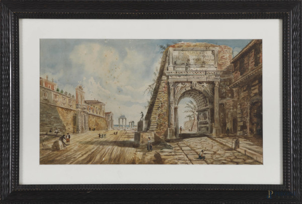 Veduta dell'Arco di Tito con figure, acquerello su carta, cm 30,5x55 entro cornice, firmato F. Pinci, (difetti)