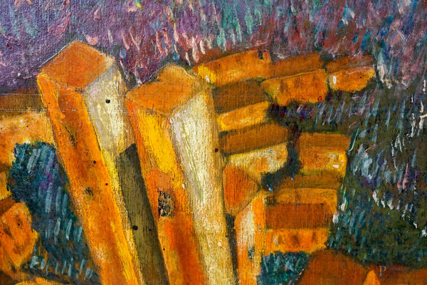 Veduta di paese, olio su compensato, XX secolo, cm 27,5x35, entro cornice