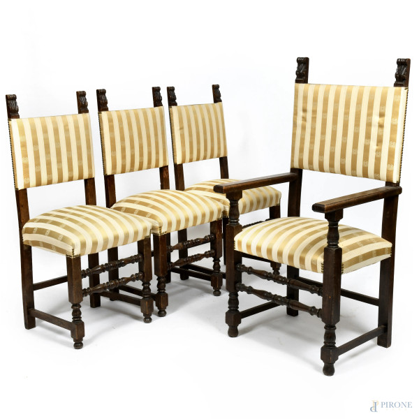 Lotto composto da tre sedie e da una poltrona in noce con tappezzeria nei toni dell'oro e ocra a righe, XX secolo, misure massime cm 126x58x53, (segni di usura, scalfiture, fori di tarlo, difetti)