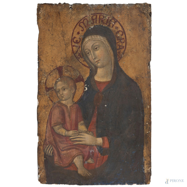 Icona raffigurante Madonna con Bambino, XIX secolo, tempera su tavola,  cm 38,5x24, (cadute di colore, scalfiture, graffi, fori di tarlo)