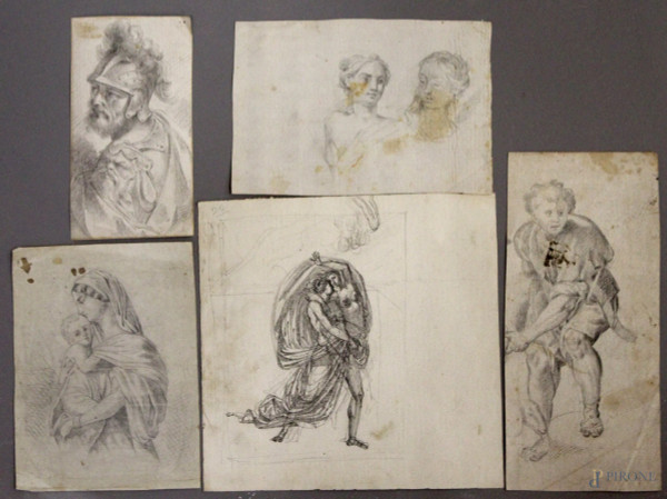 Lotto di cinque disegni su carta a soggetti diversi, max. 24 cm, del XVIII  l XIX sec.